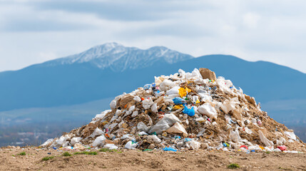 A large pile of trash sits in a rural landscape, with mountains in the background, highlighting the impact of waste on nature.