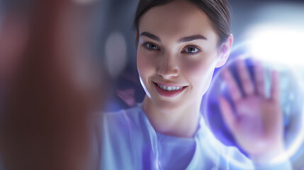 Obraz premium A male and female scientist interacting with futuristic technology, showcasing innovation and collaboration in a laboratory setting.