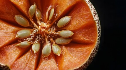 Close-up photograph of a halved, orange fruit with numerous seeds and a central core.