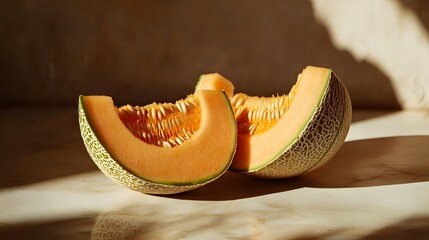 Photograph of two halved cantaloupe melons resting on a neutral surface in golden light.