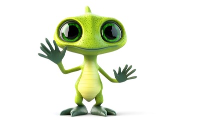3D render of a smiling, green alien character waving with both arms.