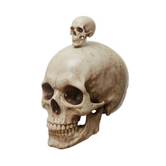 A realistic human skull with a smaller skull perched on top isolated on transparent background