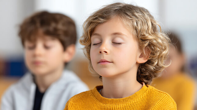A peaceful child meditating quietly, promoting mindfulness and inner tranquility in a classroom setting.