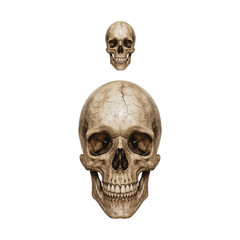 Obraz premium Two detailed human skulls one large and one small stacked vertically isolated on transparent background