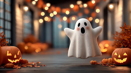 A playful ghost figure floats above carved pumpkins surrounded by autumn decor, perfect for Halloween festivities.