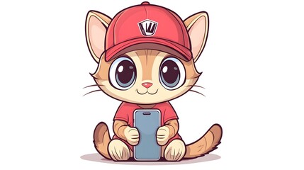 Digital illustration of a cute cartoon cat wearing a red baseball cap and holding a smartphone.