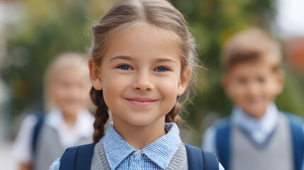 A smiling schoolgirl with pigtails stands confidently in front of her classmates, showcasing friendship and joy in a school setting.