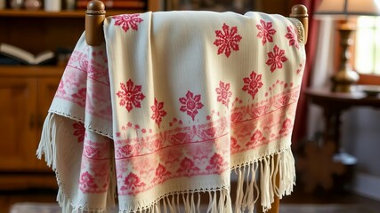 Traditional Kashmiri shawl draped over a wooden chair, intricate hand embroidery, soft pastel colors, cozy indoor lighting