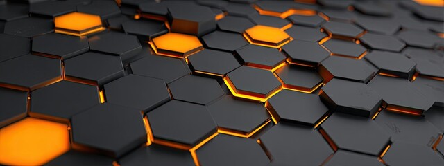Abstract honeycomb pattern with dark gray hexagons and glowing orange edges
