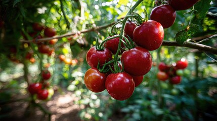 Bright red tomatoes hang from vine surrounded by green canopy in midday sunlight