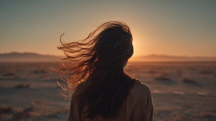 Fototapeta premium A woman stands at sunset, her hair blowing in the wind and looking at the horizon. This evokes freedom, peace, and connection with nature, perfect for travel blogs.