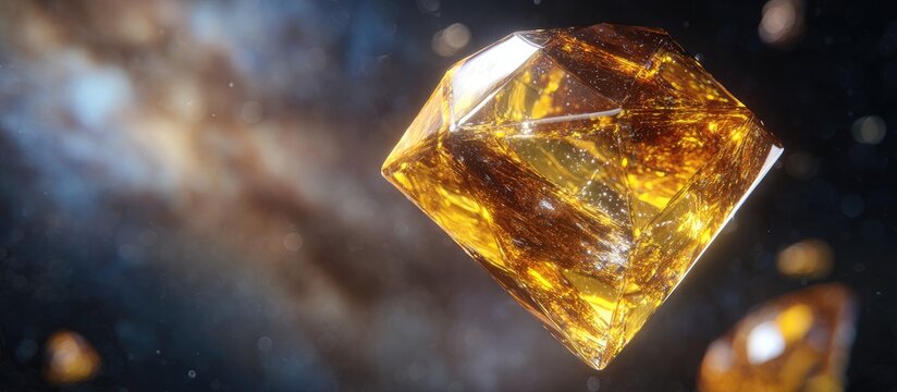 A luminous, amber-hued gemstone, possibly a diamond, floats against a cosmic backdrop of swirling nebulae and dust