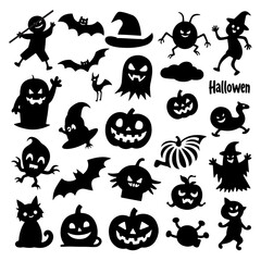 Obraz premium Halloween icons vector set with pumpkins ghosts bats cats witches and spooky symbols for autumn holiday celebration