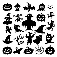Halloween icons set with pumpkins ghosts bats witches and spooky symbols vector illustration