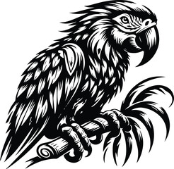 Stylized Black and White Macaw Parrot Perched