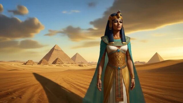 Ancient egypt queen standing in the desert by pyramids. 4K Video