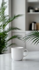 White Mug on Marble Table with Palm Fronds in Minimalist Interior Setting
