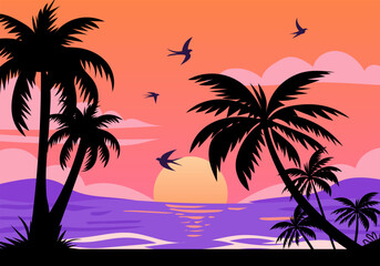 Palm tree silhouettes on tropical beach at sunset with ocean and sky background
