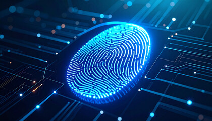 Digital Security: A close-up of a glowing blue fingerprint on a circuit board, representing digital security and access control.