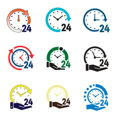24-Hour Service Icon Set Featuring Colorful Clocks, Arrows, and Hands in Modern Flat Style