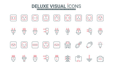 International adapter, types of electric sockets and plugs line icon set. Power tower and electrician tools, outlet grounding, light bulb thin black and red outline symbols vector illustration