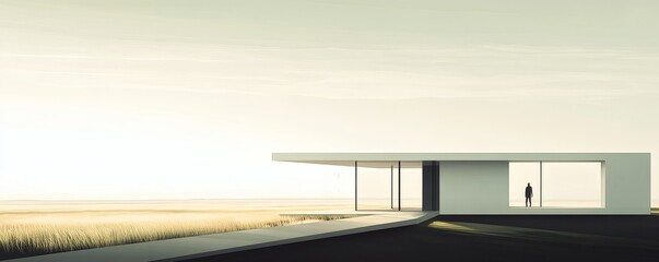 Obraz premium Modern Minimalist House Stands Alone With Person Watching the Horizon
