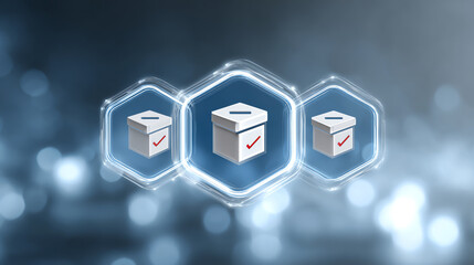 Abstract digital voting boxes with checkmarks, representing modern election processes in a technological era.