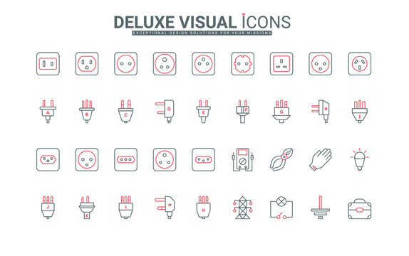 International adapter, types of electric sockets and plugs line icon set. Power tower and electrician tools, outlet grounding, light bulb thin black and red outline symbols vector illustration