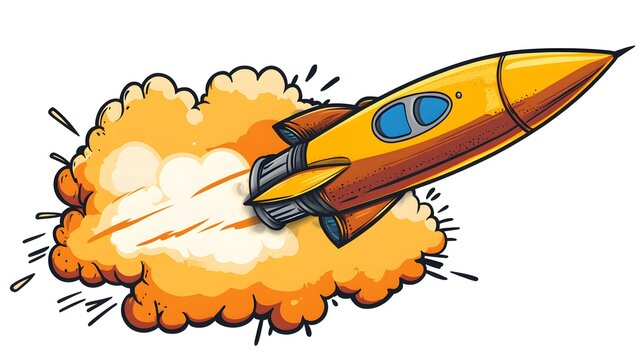 Digital illustration of a cartoon rocket blasting off with a fiery explosion effect. - Powered by Adobe
