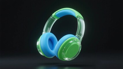 A green, blue 3D cartoon head-mounted headphone, floating in the air, with a transparent frosted glass texture shell.