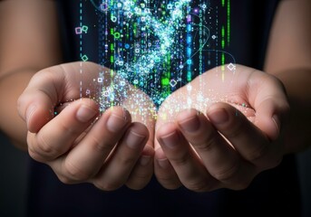 A River of Glowing Data Particles Flowing Through a Person's Cupped Hands