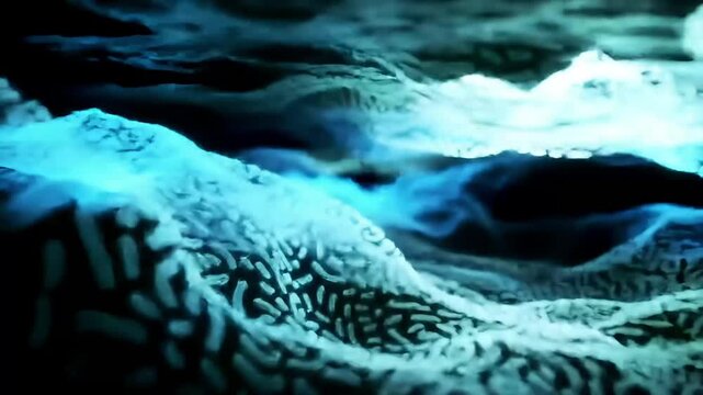 Abstract visualization of a microscopic world showing a glowing blue bacterial colony flowing in a dark, ethereal environment