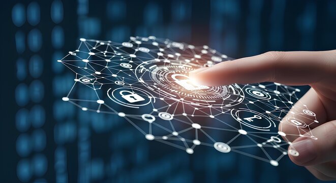 Hand touching a glowing digital interface with a padlock icon, symbolizing cybersecurity and data protection.
