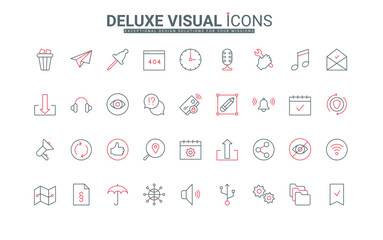 Online service line icons set for mobile app. Software update and download, share files and documents, payment and schedule reminder, microphone thin black and red outline symbols vector illustration