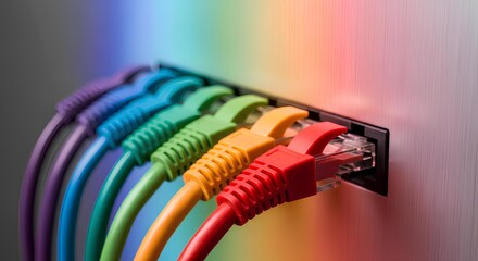Vibrant network cables connected to a port, showcasing a colorful arrangement and data transfer.