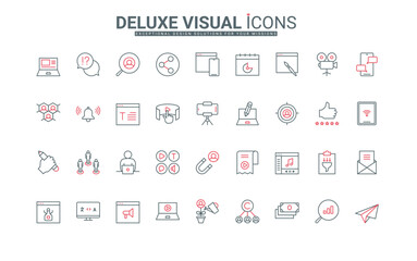 Creation of digital content for blogs and vlogs, copyright protection and promotion in social media line icons set. Audience target search thin black and red outline symbols vector illustration