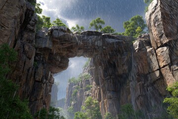 Dramatic arching rock bridge in a misty gorge, rain falling