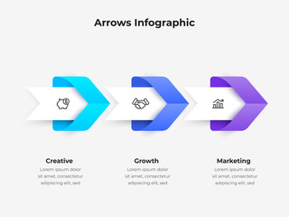 Infographic displays three arrows representing concepts of creativity, growth, and marketing with corresponding icons. Each step is emphasized with distinct colors and shapes