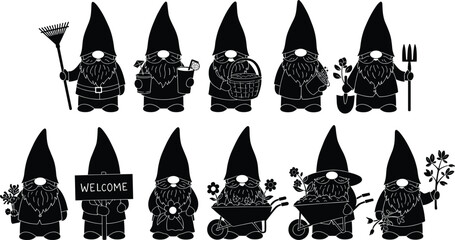 Cute garden gnome silhouettes, holding tools, flowers, plants, wheelbarrow, welcome sign, black and white vector, gardening decoration, whimsical outdoor art