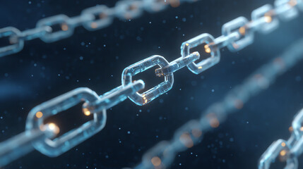 Close-up of a futuristic chain link in digital style, representing connectivity and networks in modern technology.