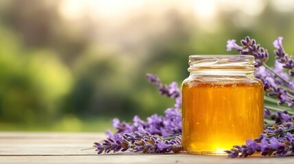 A honey jar beside a blooming lavender plant, emphasizing floral source and natural purity, soft light