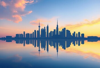 Doha skyline silhouette reflected in water, vector illustration , background, silhouette