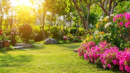 Neatly manicured lawn with a patch of vibrant flowers soaking in morning sunlight