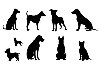 Dog silhouette vector set showing various running and standing dogs in black simple style with nature and farm animal icons collection
