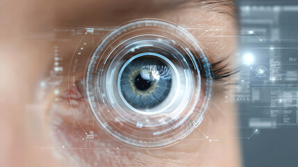 Close-up view of a human eye with digital technology overlay, symbolizing innovation and futuristic vision.