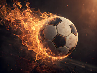 Naklejka premium Fiery soccer ball in motion fire flames