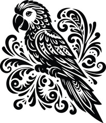 Stylized Black and White Parrot with Ornate Swirls
