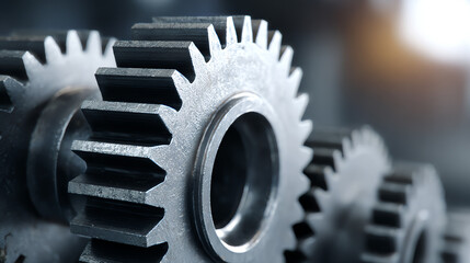 Close-up view of steel gears interlocking in a mechanical system, showcasing engineering precision and industrial strength.
