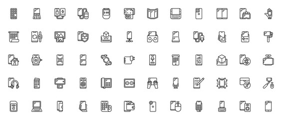Mobile Technology icon set. Minimal vector icons pack. Includes touch screen, foldable phone, smartphone, VR, AR, charger, keyboard, camera, Bluetooth and more. Editable stroke.