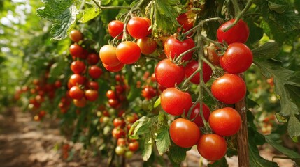 Obraz premium Sun-kissed tomato plant with bright red fruit hanging below leaf canopy on summer day